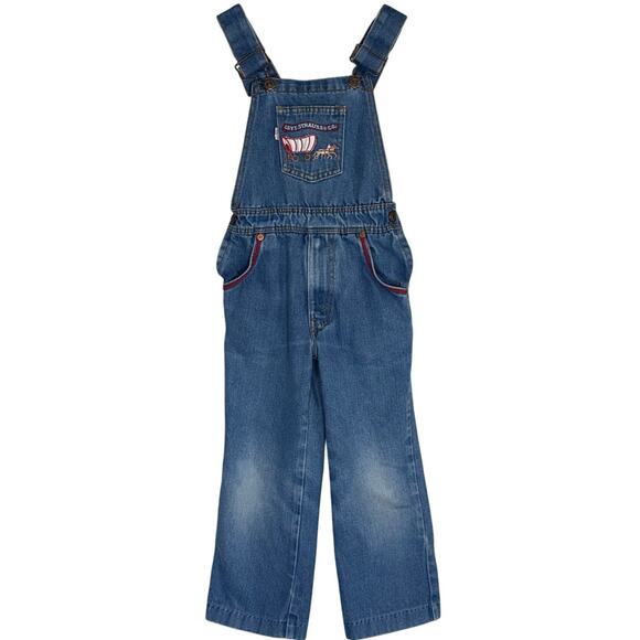 Vintage 80s Levis Denim Overalls Kids Size 6 Embroidered Horse Jean Blue Retro - Picture 1 of 8